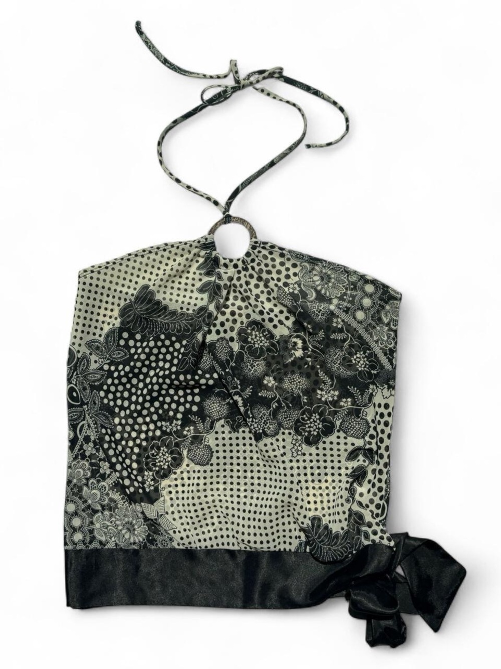 Vintage Papaya Black & Cream Floral Halter Top with Side Tie - L